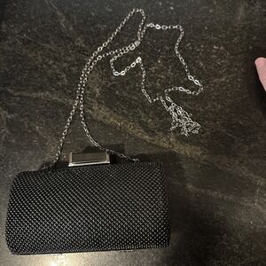 Jessica McClintock bead mesh Box Clutch Purse Drop In Chain Strap black bag